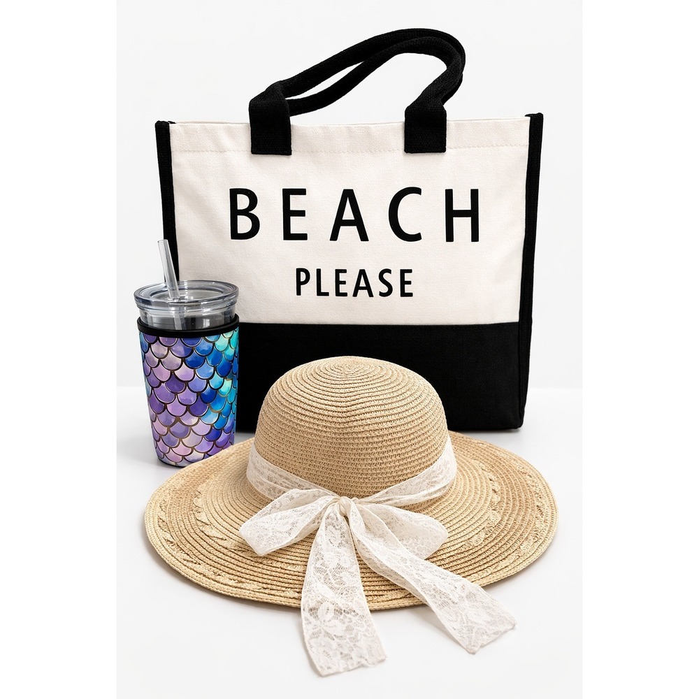 Beach Please Tote Straw Sun Hat Mermaid Drink Koozie Vacation Travel Bundle